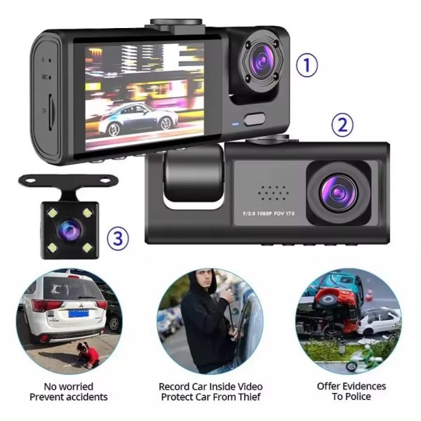 3 in 1 Advanced Dash Camera (Front, Inside and Rear) View Camera 1296P Dash Cam for Cars WiFi Car DVR Camera for Vehicle Video Recorder Dual Lens Dashcam